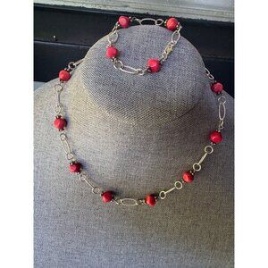 Vintage Sterling Silver Coral Bead Necklace Bracelet Set 31.83g